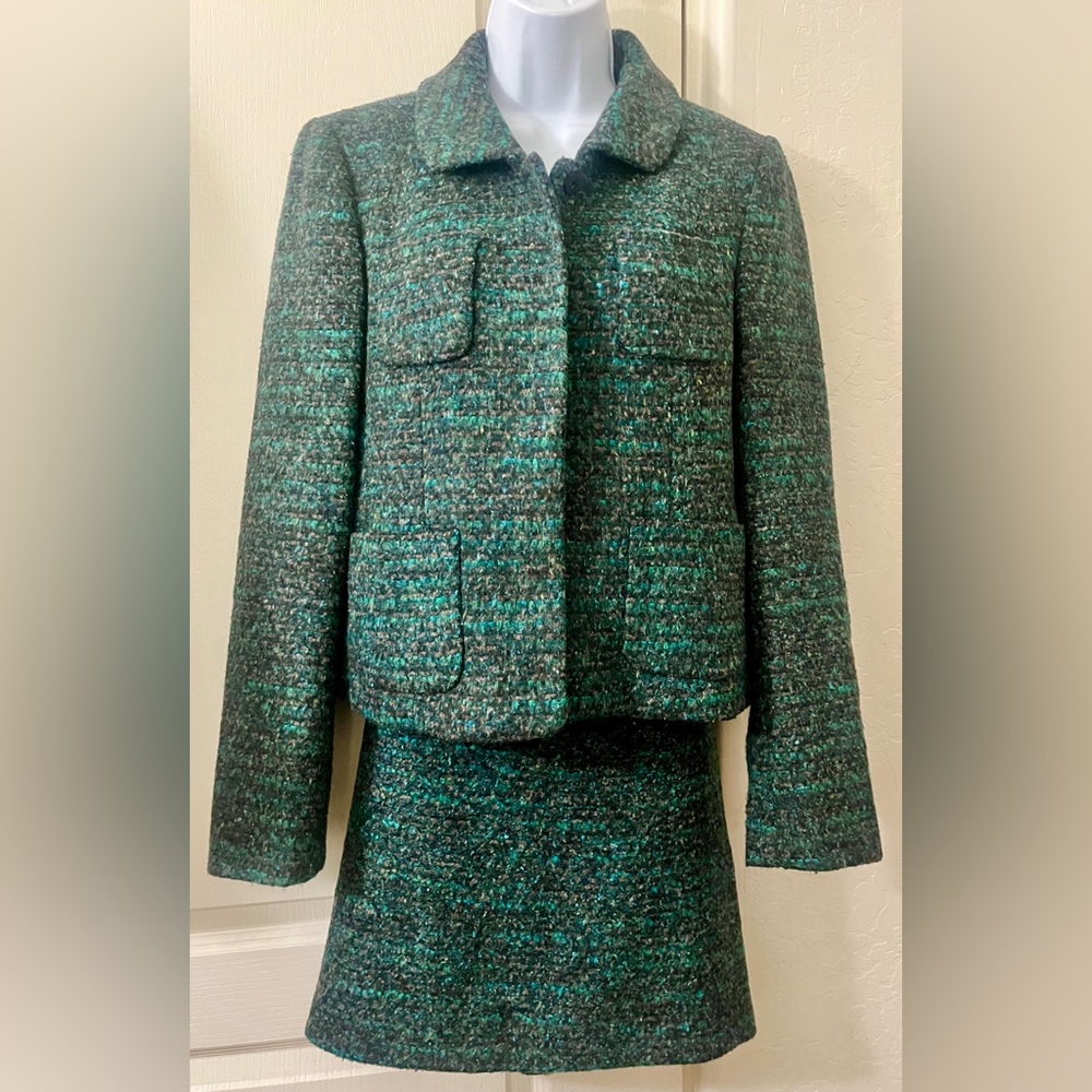 Ann Taylor Teal and Black Tweed Jacket Skirt Set
